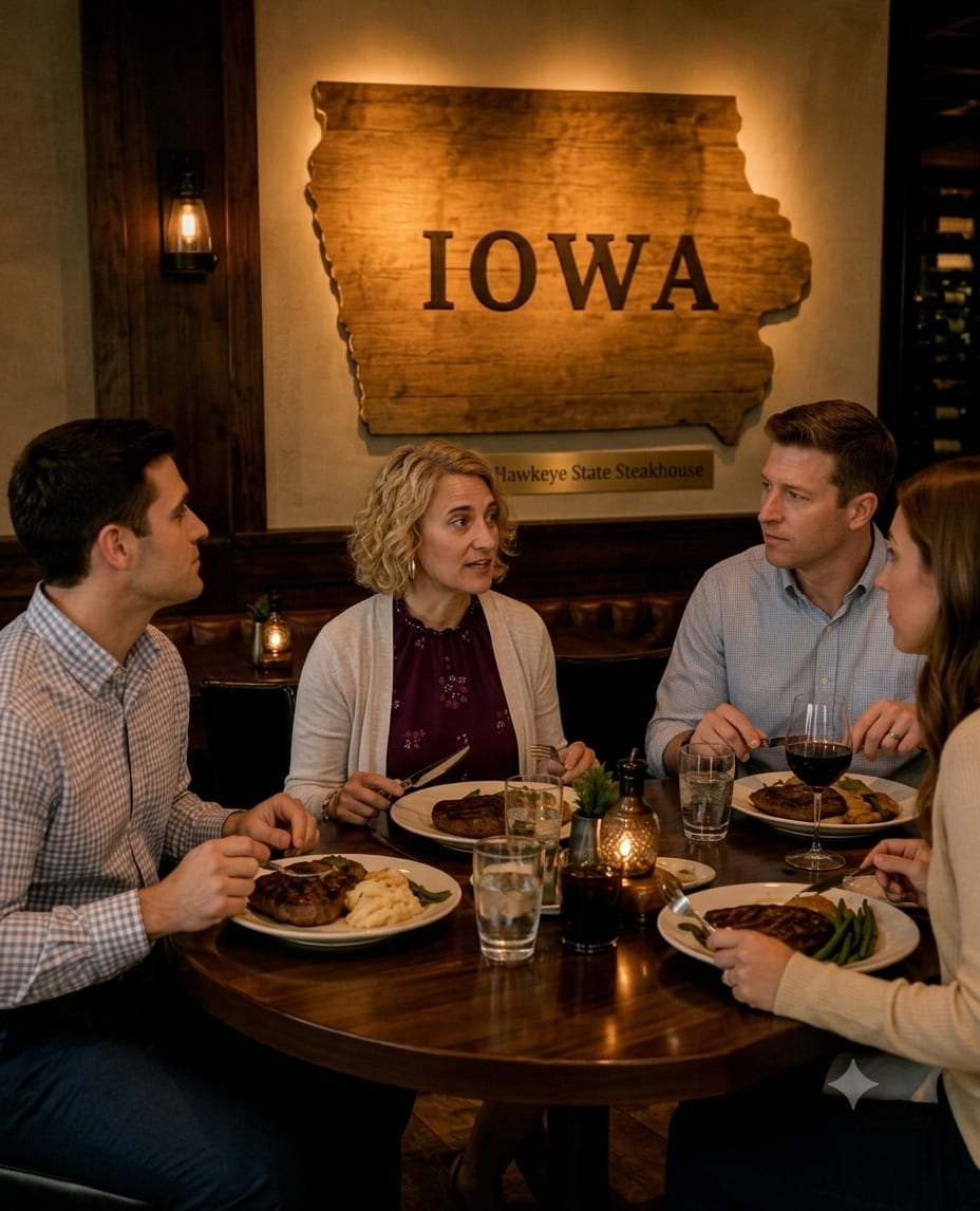 four people smile as they eat steak