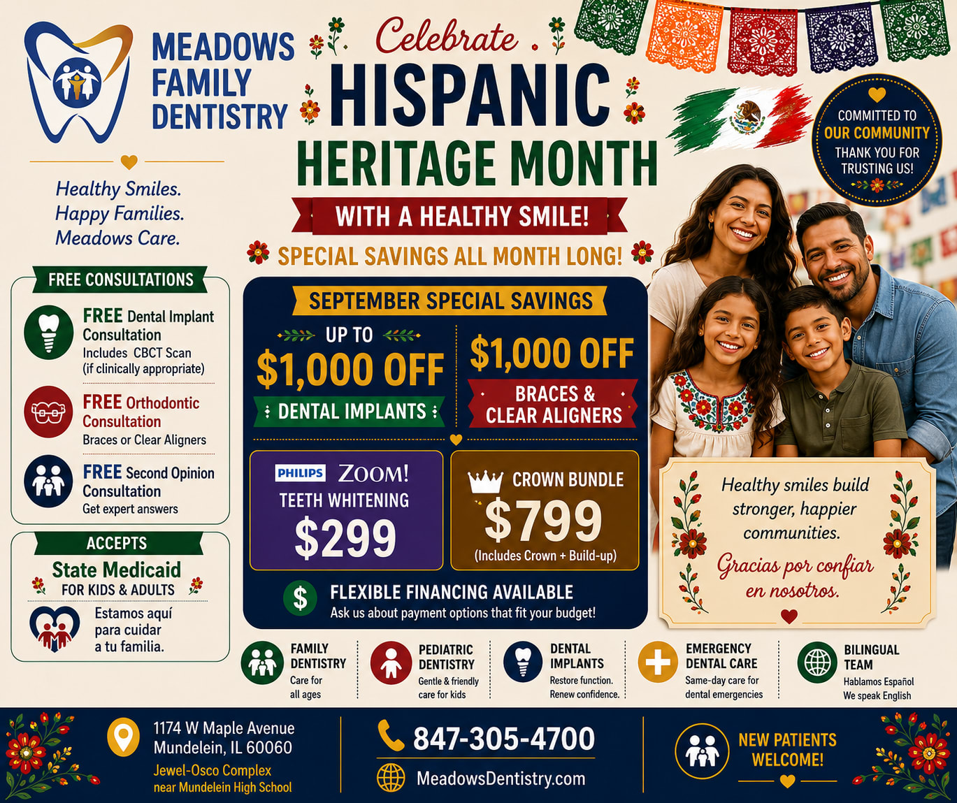 Meadows Family Dentistry Hispanic Heritage Month dental specials featuring savings on implants, braces, clear aligners, crown