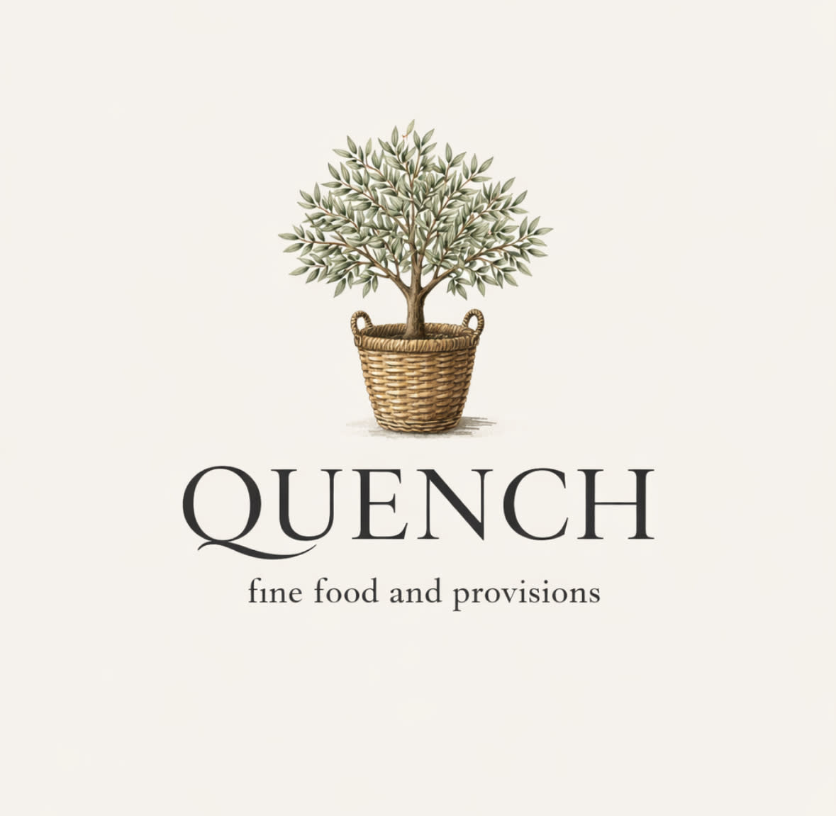 Quench fine food and provisions logo with a tree growing from a basket