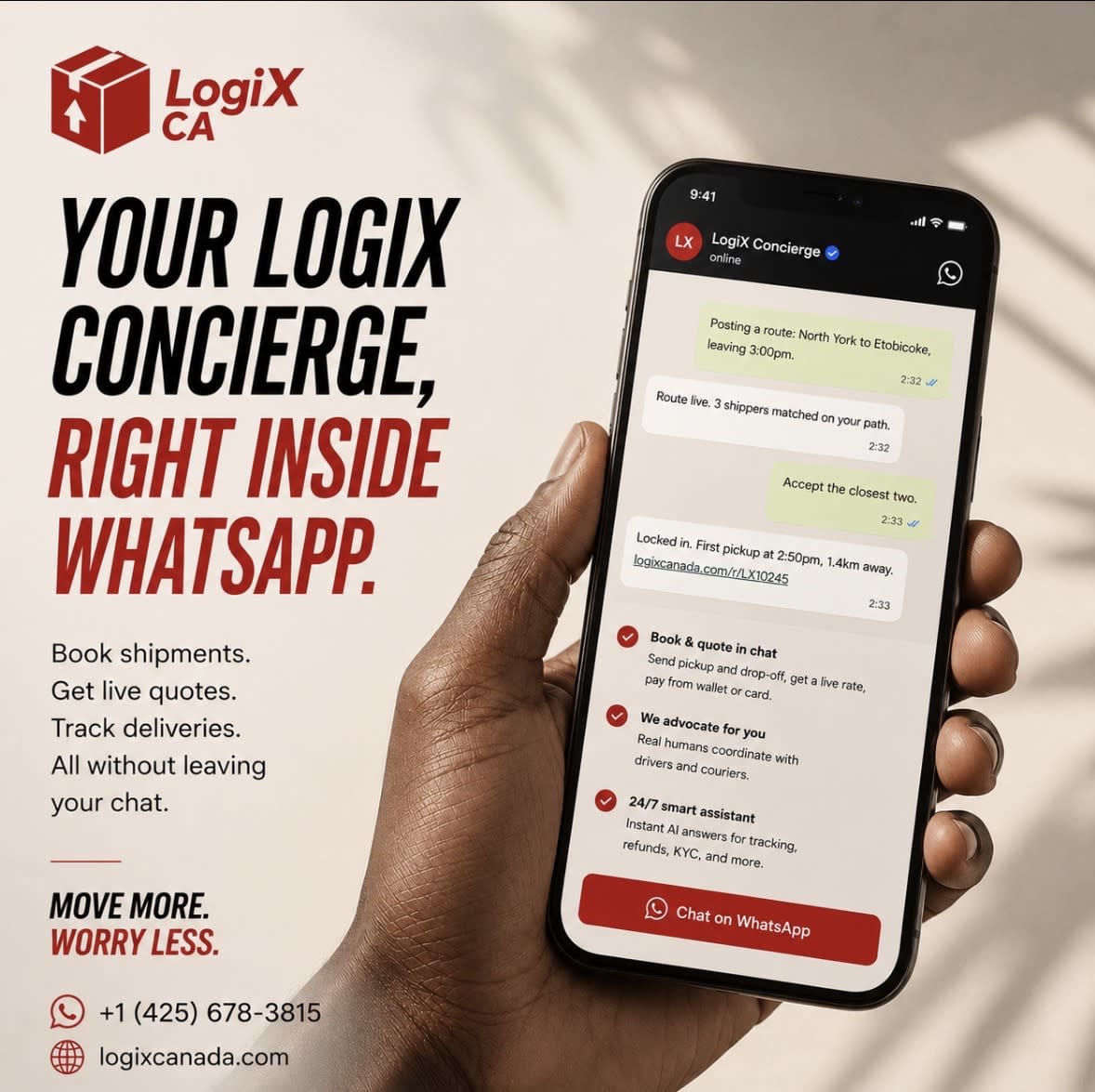 Book shipments on WhatsApp with LogiX Canada.