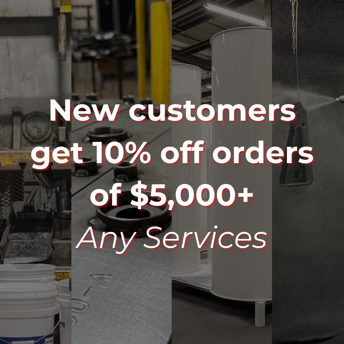 stamping machine, metal components, white powder coated ductwork, and black powder coated steel