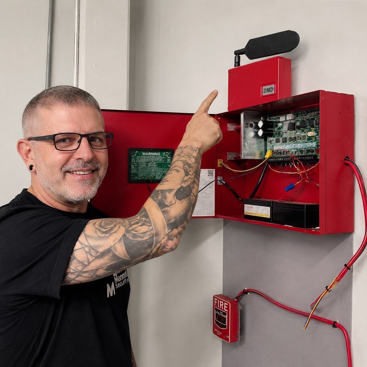 technician setting up fire alarm monitoring