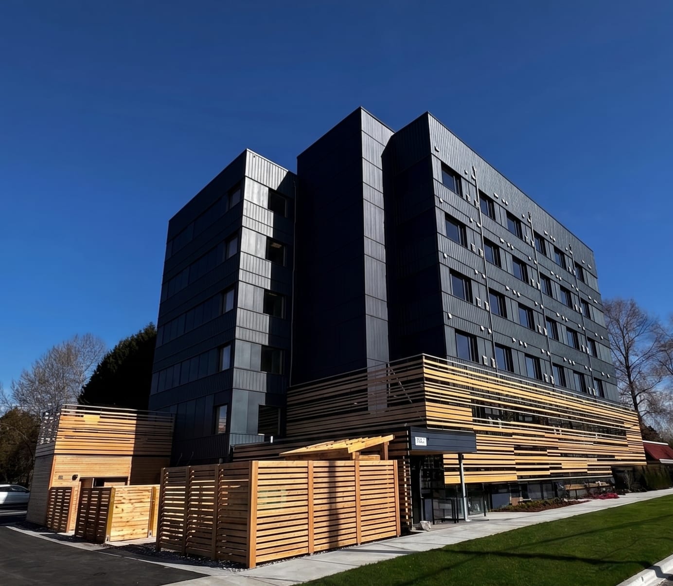 Exterior view of the Bentley Place Supportive Housing project, a six-storey modular building