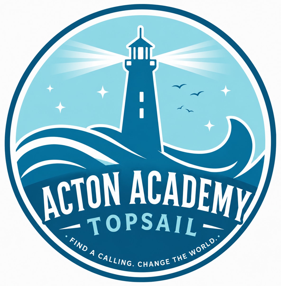 Lighthouse silhouette with "Acton Academy Topsail" listed in the circle