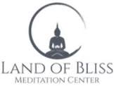Land of Bliss Meditation Center logo with a monk praying inside of a thin crescent