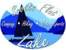 Scotts Flat Lake NID logo- camping, hiking, water sports with a sailboat and shades of blue mountains in the background