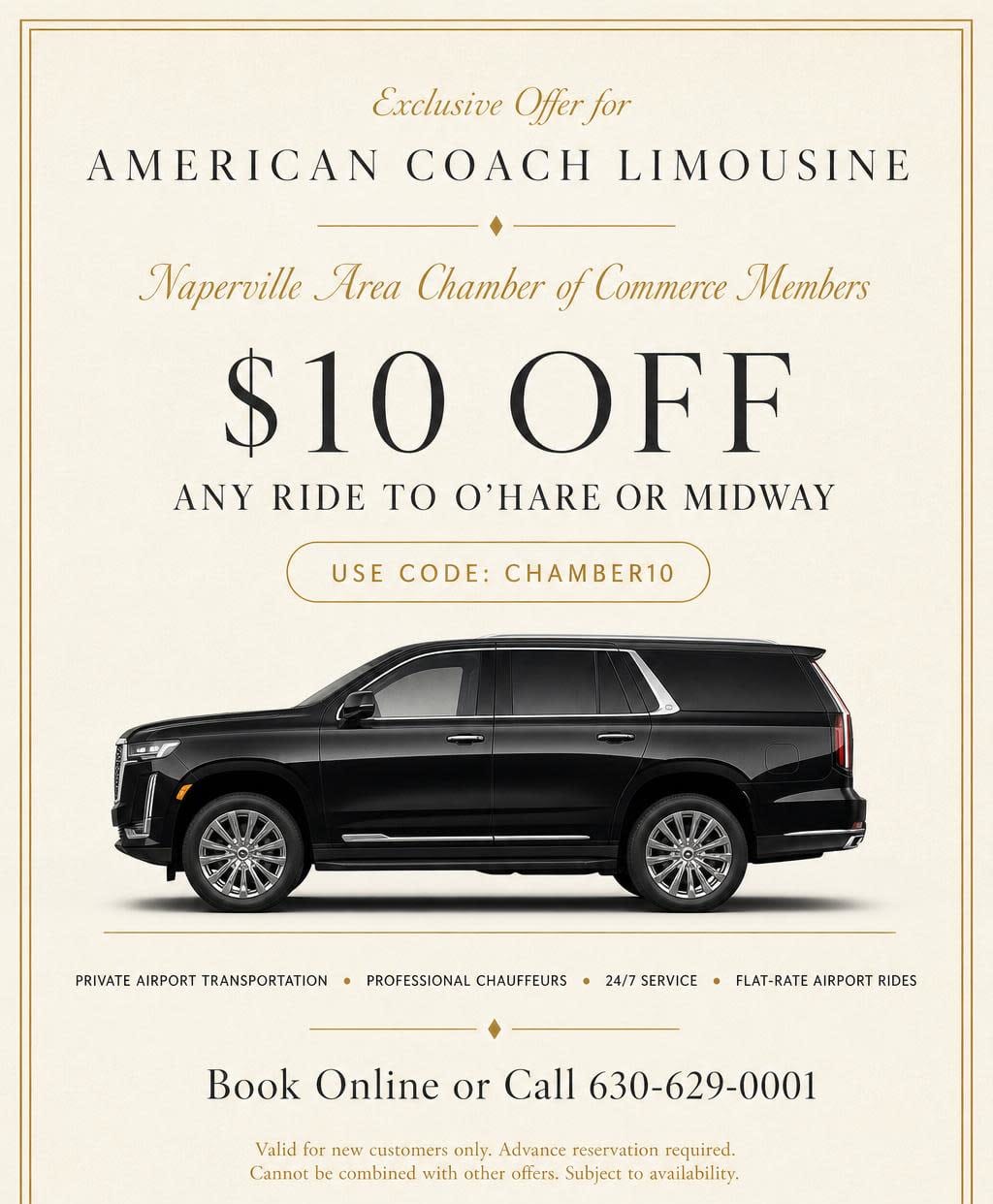 American Coach Limousine $10 off O’Hare or Midway airport ride offer for Naperville Chamber members with promo code CHAMBER10