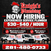 Knight’s Plumbing hiring experienced service plumbers in Webster, Texas. $30–$40 per hour based on experience and license. Ca