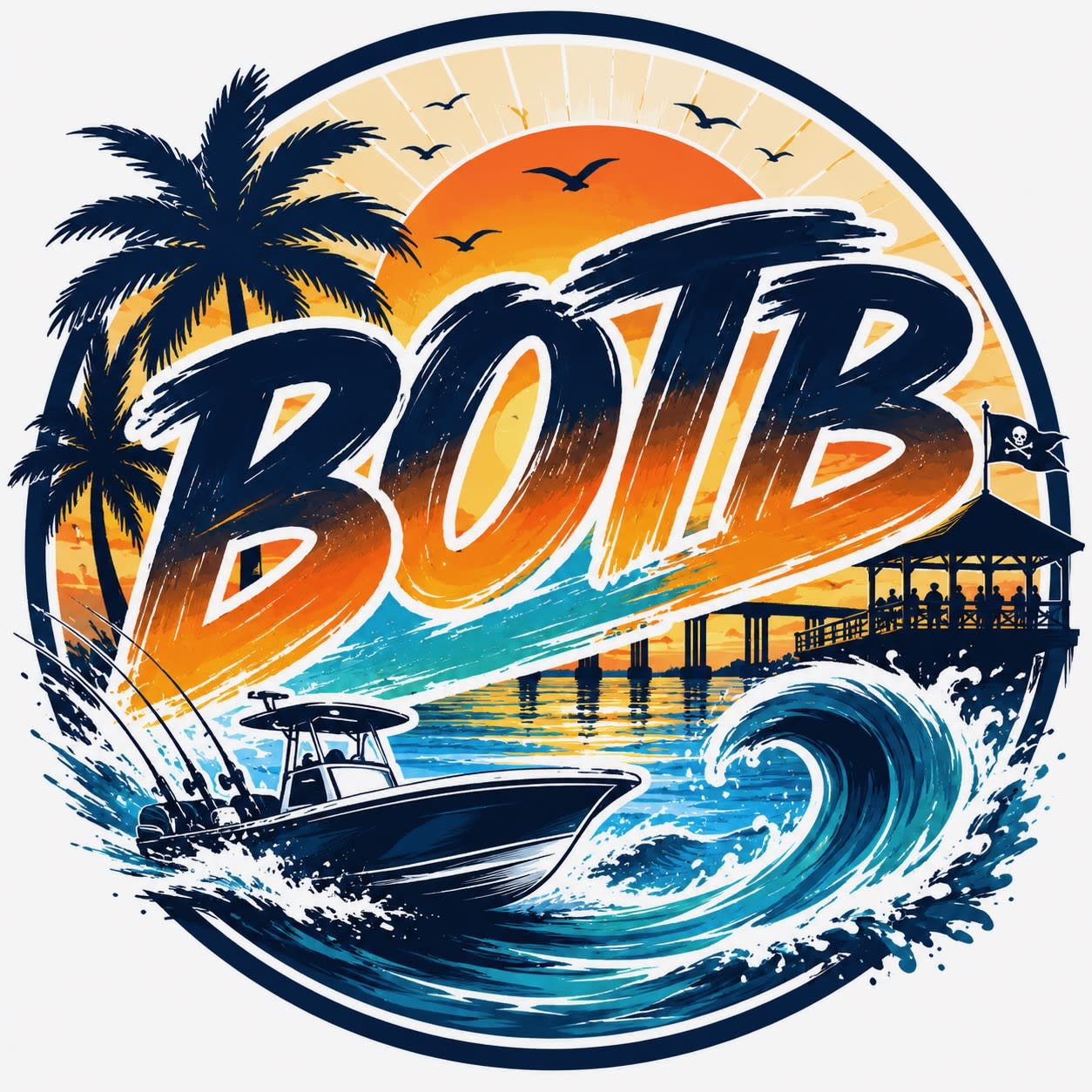 Circular BOTB logo featuring tropical sunset, palm trees, fishing boat on waves, pier with pirate flag - nautical beach theme