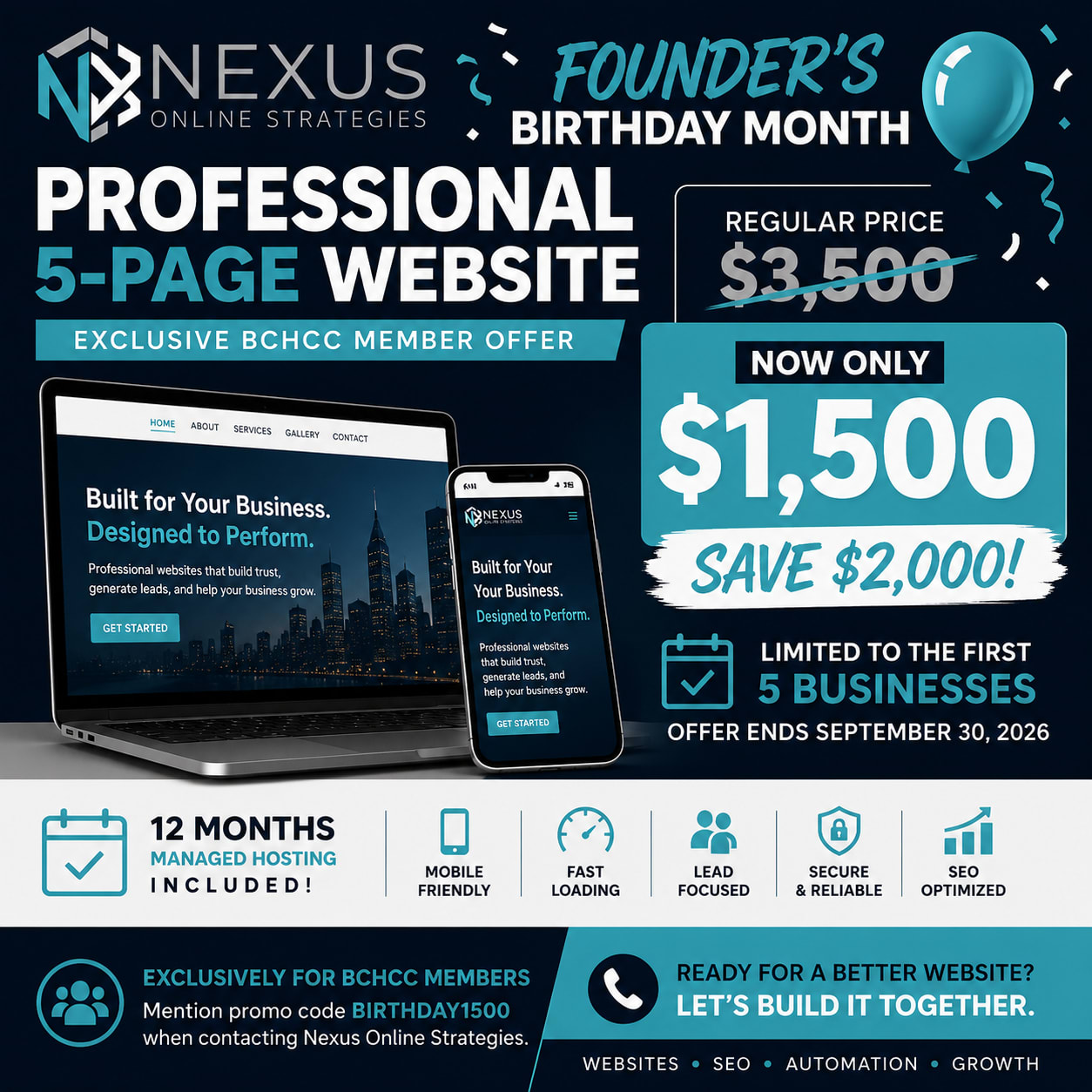 Nexus Founder’s Birthday Month offer: 5-page website for $1,500, exclusively for BCHCC members.