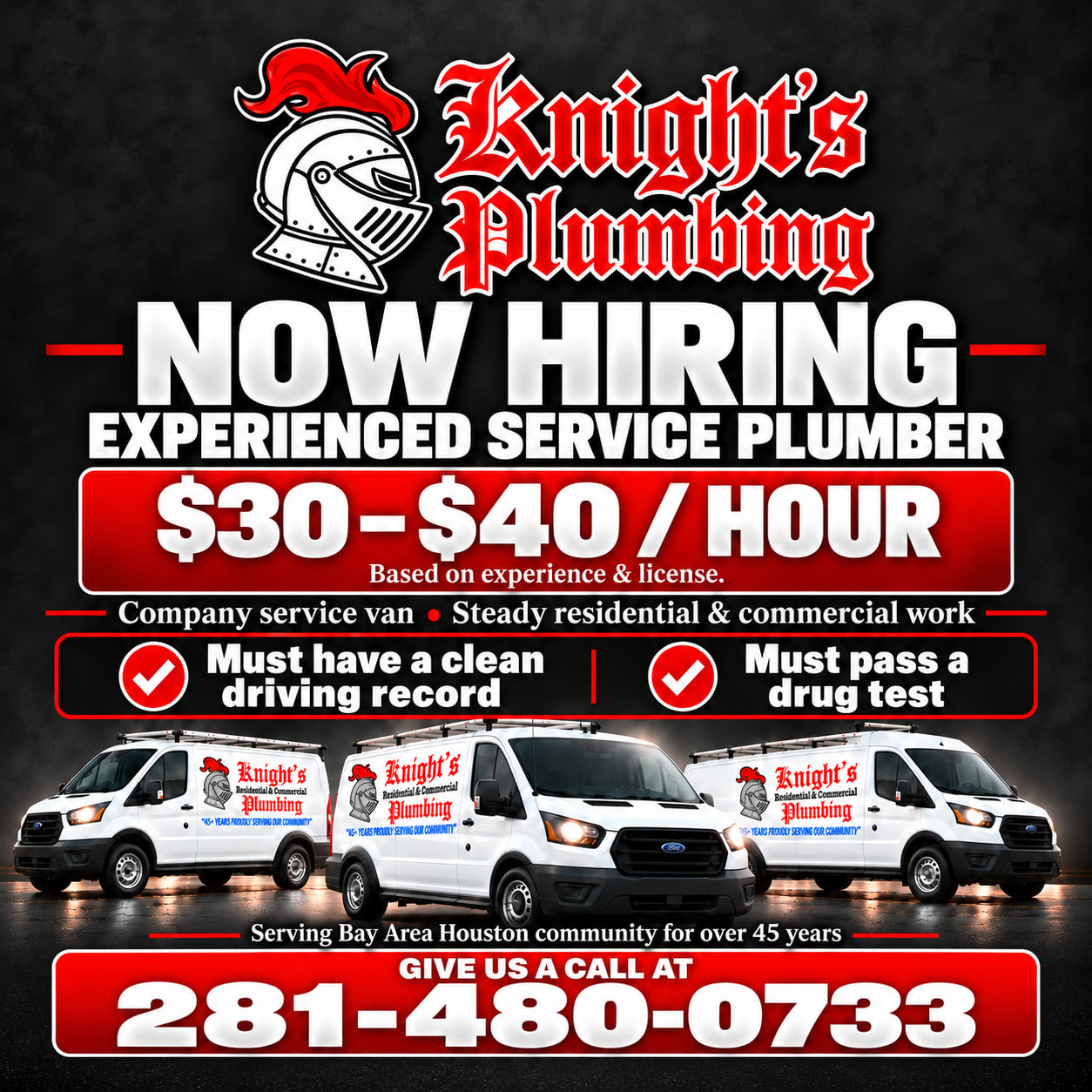 Knight’s Plumbing hiring experienced service plumbers in Webster, Texas. $30–$40 per hour based on experience and license.