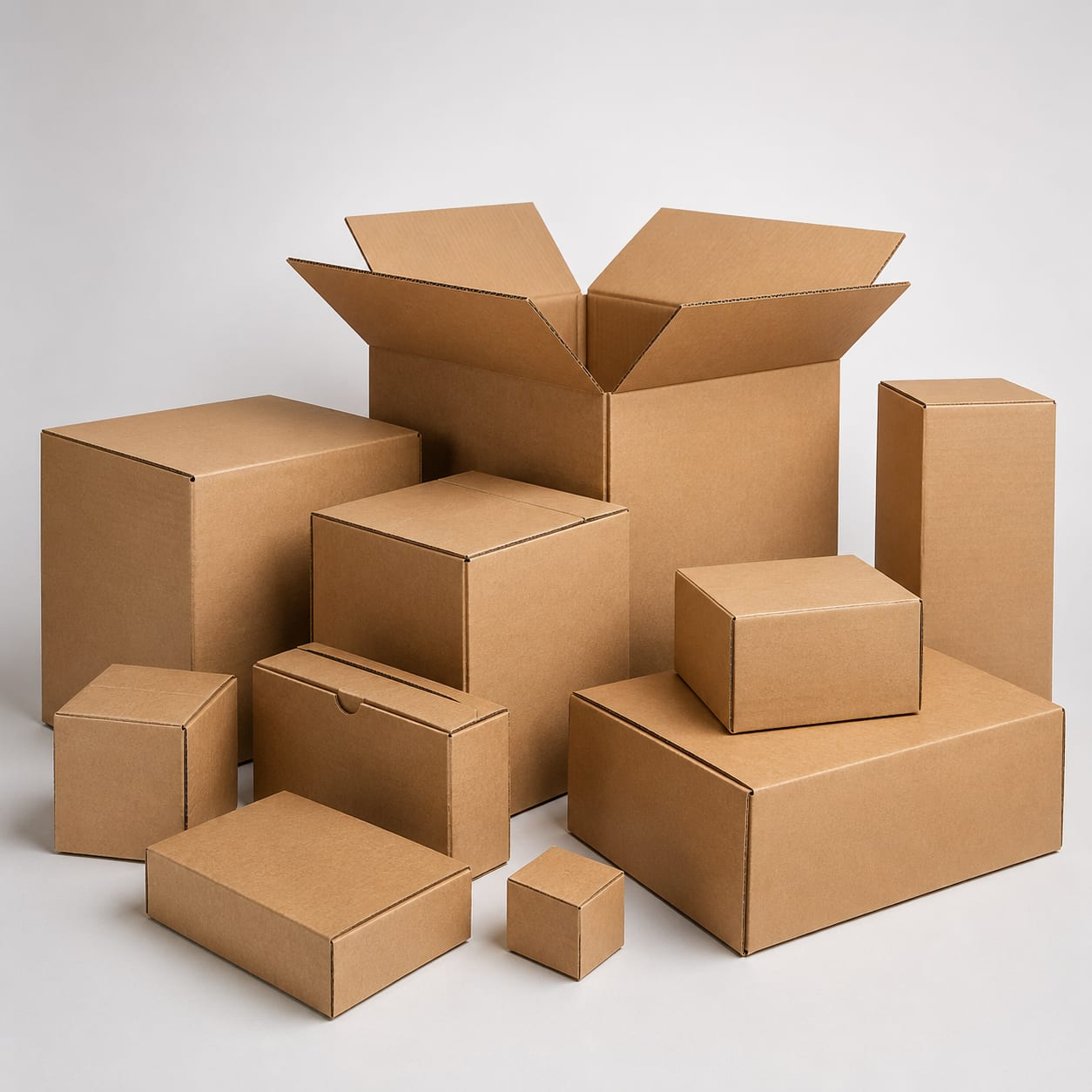 Assortment of custom corrugated shipping boxes and cardboard packaging in various sizes