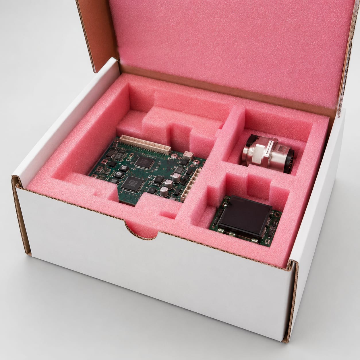 Custom anti-static foam packaging insert protecting sensitive electronic circuit boards and components
