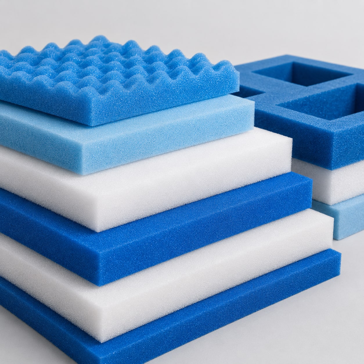 Custom protective foam packaging inserts in blue and white, including foam pads, convoluted foam, and die-cut shapes
