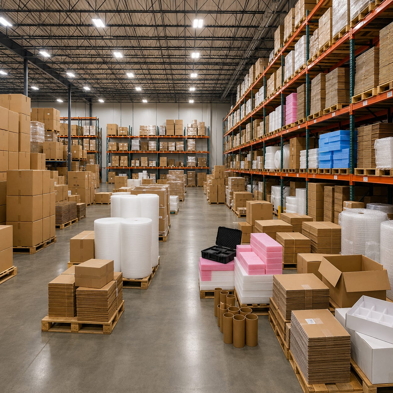 Industrial packaging warehouse stocked with corrugated boxes, foam inserts, bubble wrap, mailing tubes, and shipping supplies