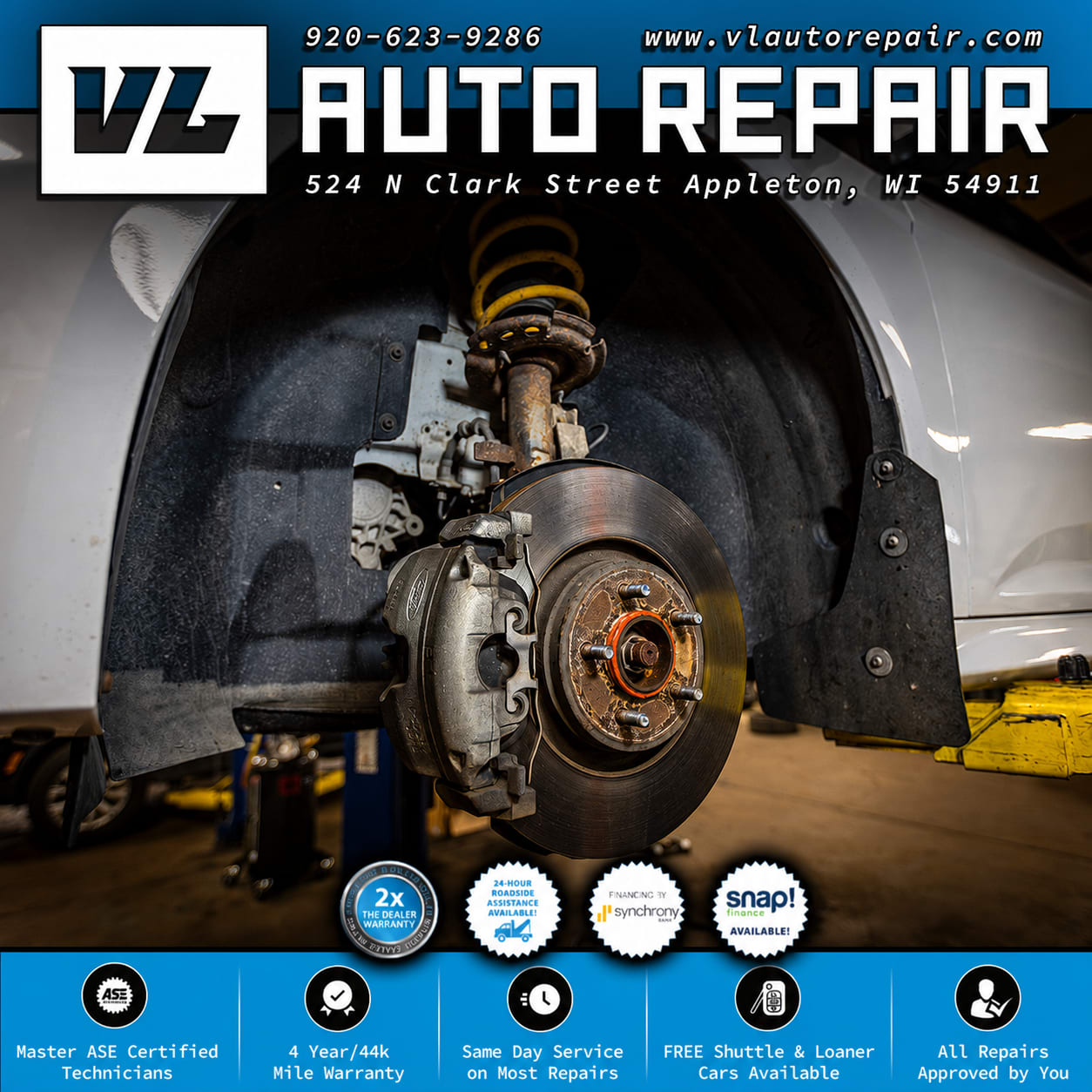 Close-up of a brake rotor, caliper, and suspension during a brake inspection at VL Auto Repair in Appleton, Wisconsin