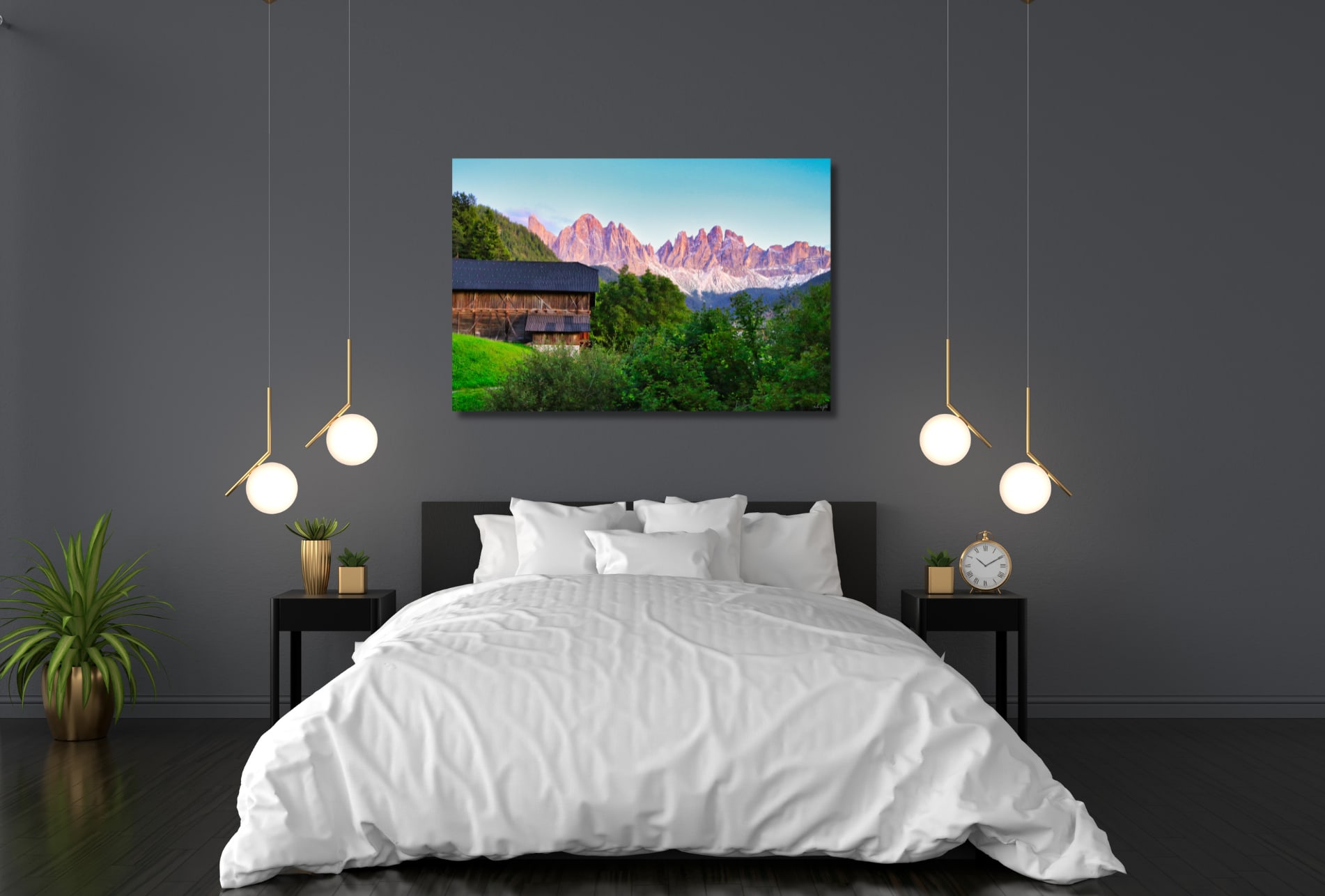 Bed with white spread and grey wall featuring a fine art portrait of the Dolomites at sunset.