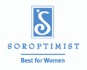 Soroptimist logo- best for women. in light blue vertical rectangle with an "S" bottom has a spiral and a dot on upper left