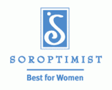 Soroptimist logo- best for women. in light blue vertical rectangle with an "S" bottom has a spiral and a dot on upper left