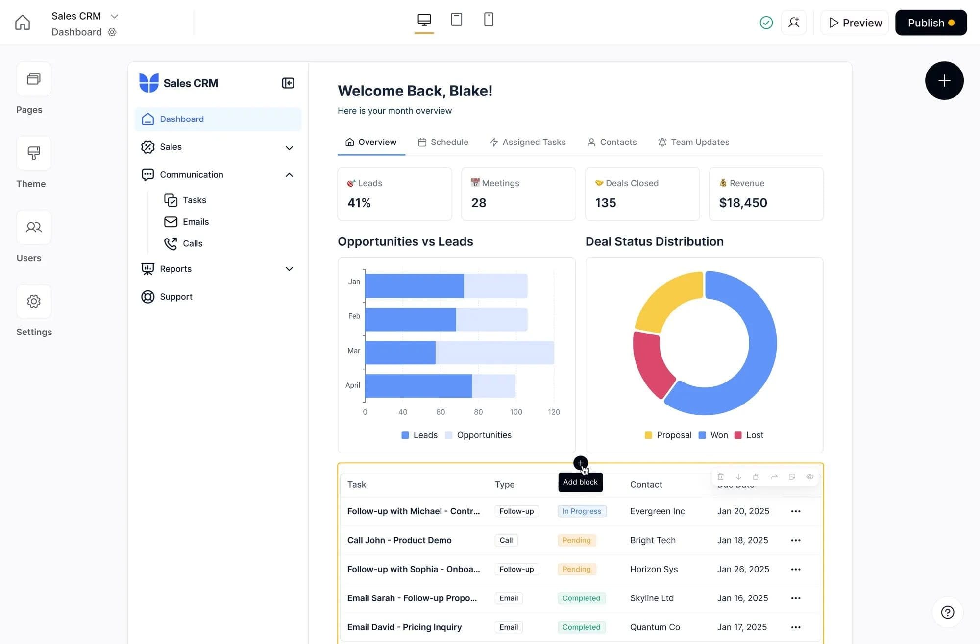 Softr Sales CRM dashboard builder with charts, KPIs, and a tasks table.