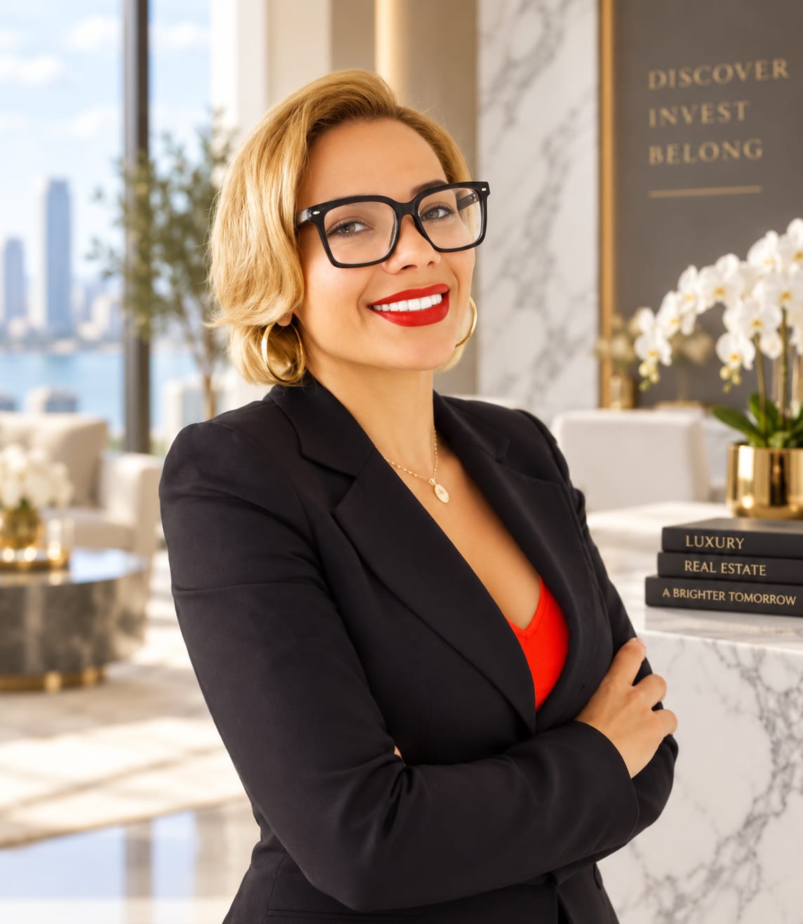 Professional Realtor in a black blazer and red top posing in a luxury office setting.