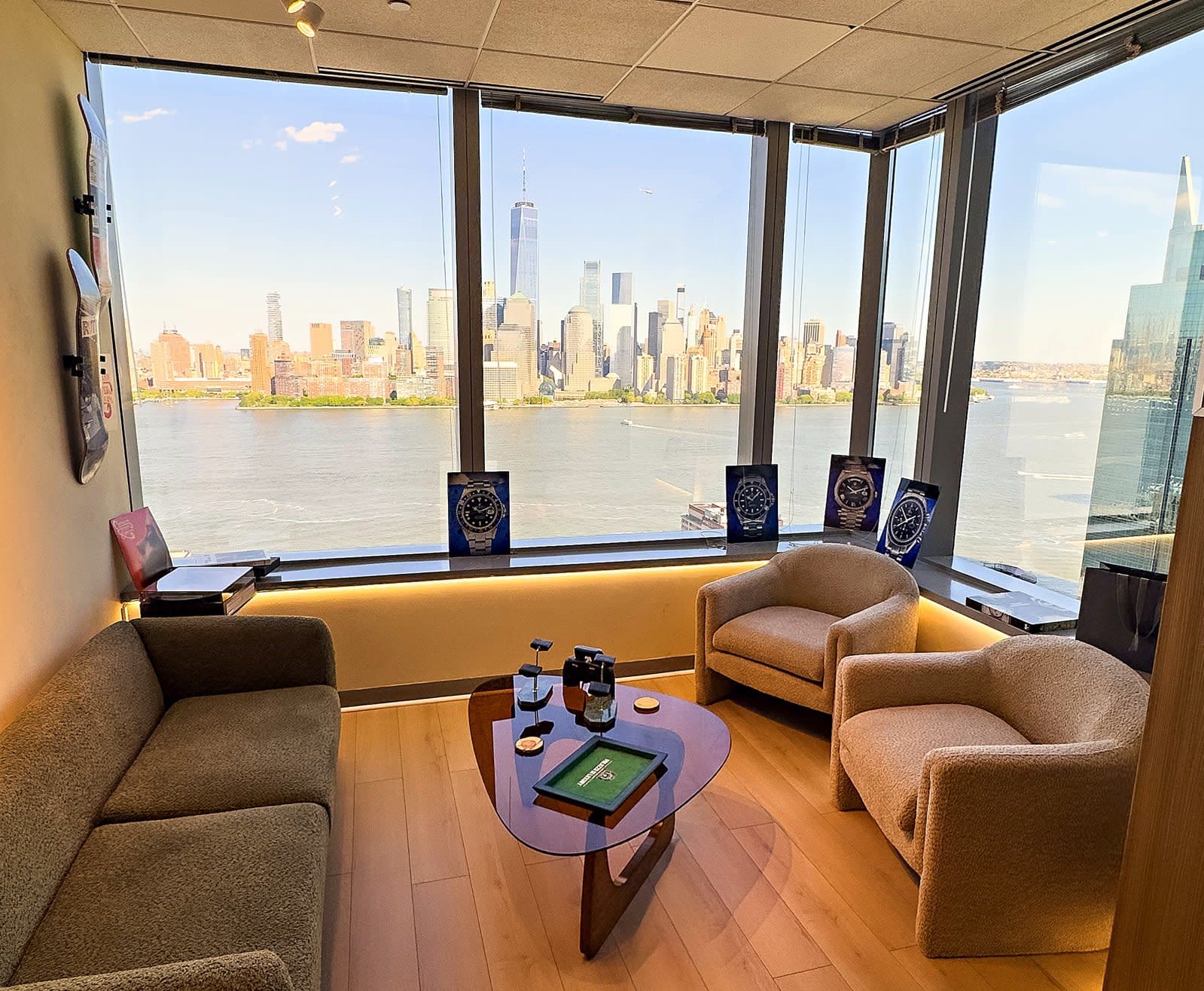 Palazzo Watches & Gems viewing room at 185 Hudson Street, Jersey City, overlooking the Manhattan skyline