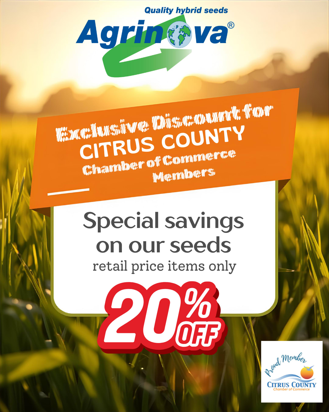 Agrinova quality hybrid seeds promotion offering 20% off retail-priced seed purchases exclusively for Citrus County Chamber o