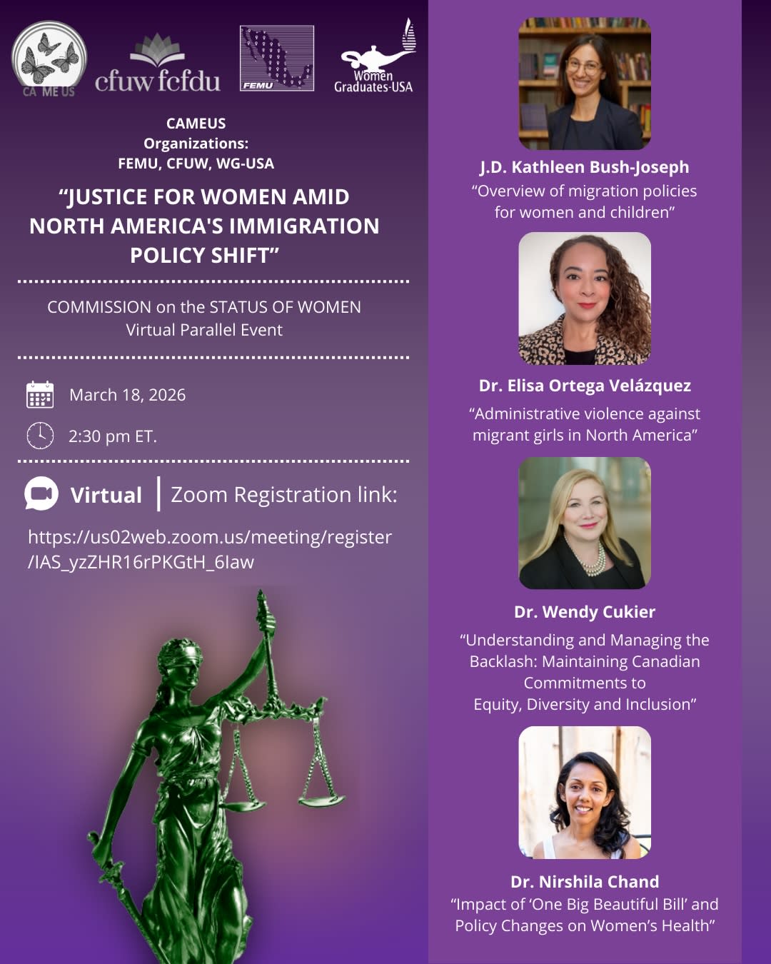 Flyer for a virtual event titled “Justice for Women Amid North America’s Immigration Policy Shift,”