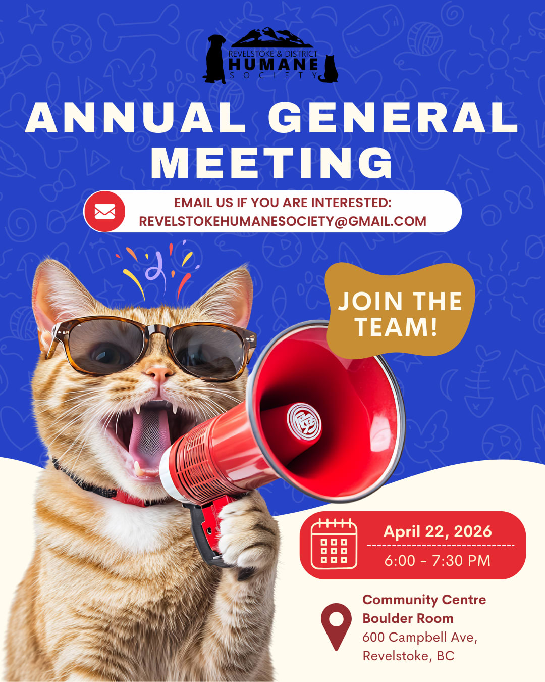 Join the team, come to our Annual General meeting April 22. Call 250 837 8578 for more details.