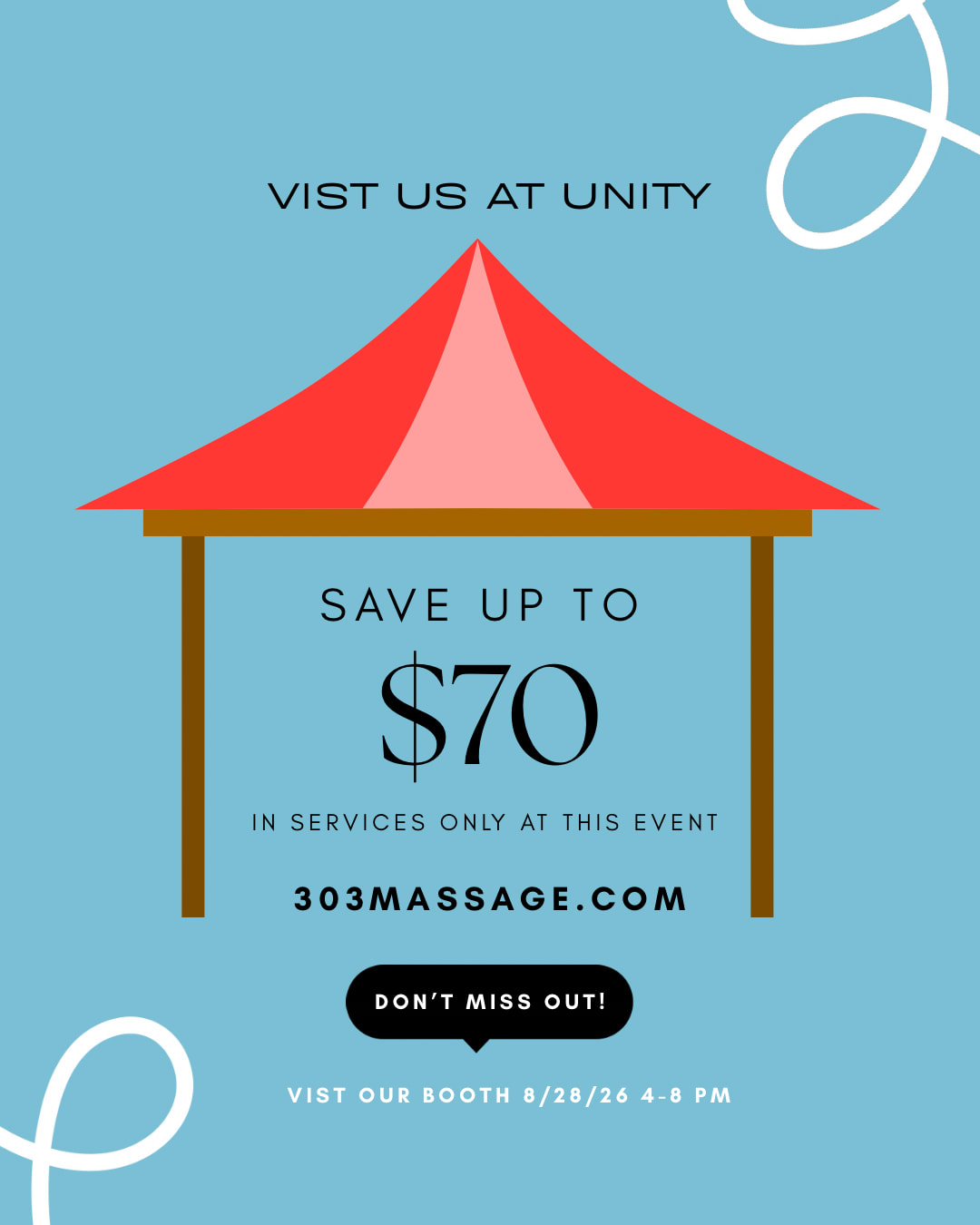 Vist 303 Massage at Unity this 28th of August to save up to $70 in services