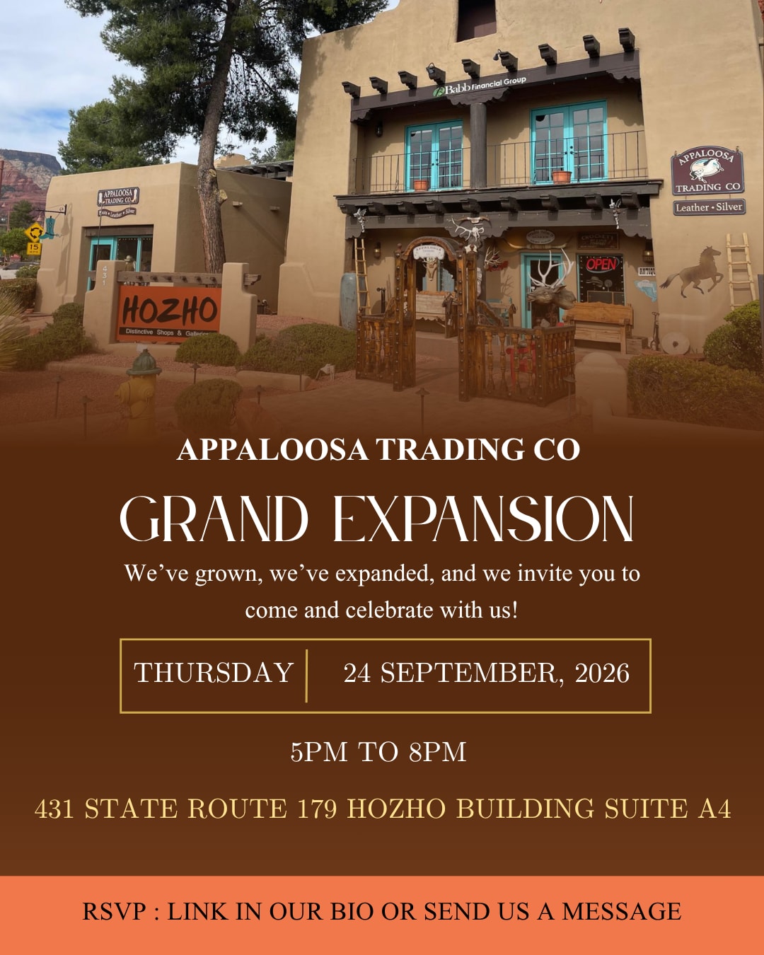 Appaloosa Trading Co Grand Expansion flyer, Sedona AZ, Thursday September 24 2026, 5 to 8 PM at the Hozho Building