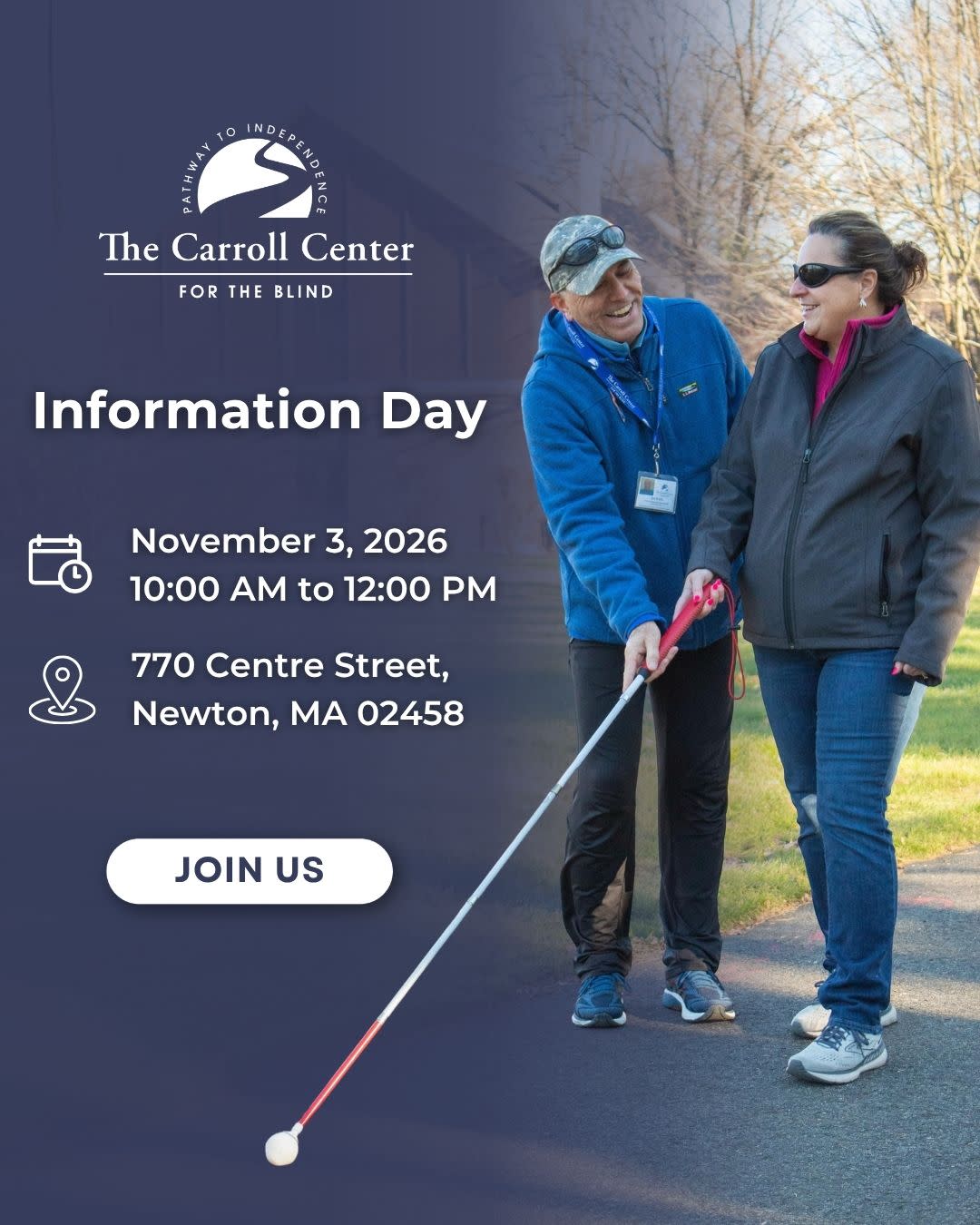 Graphic for the Information Day at the Carroll Center for the Blind on November 3