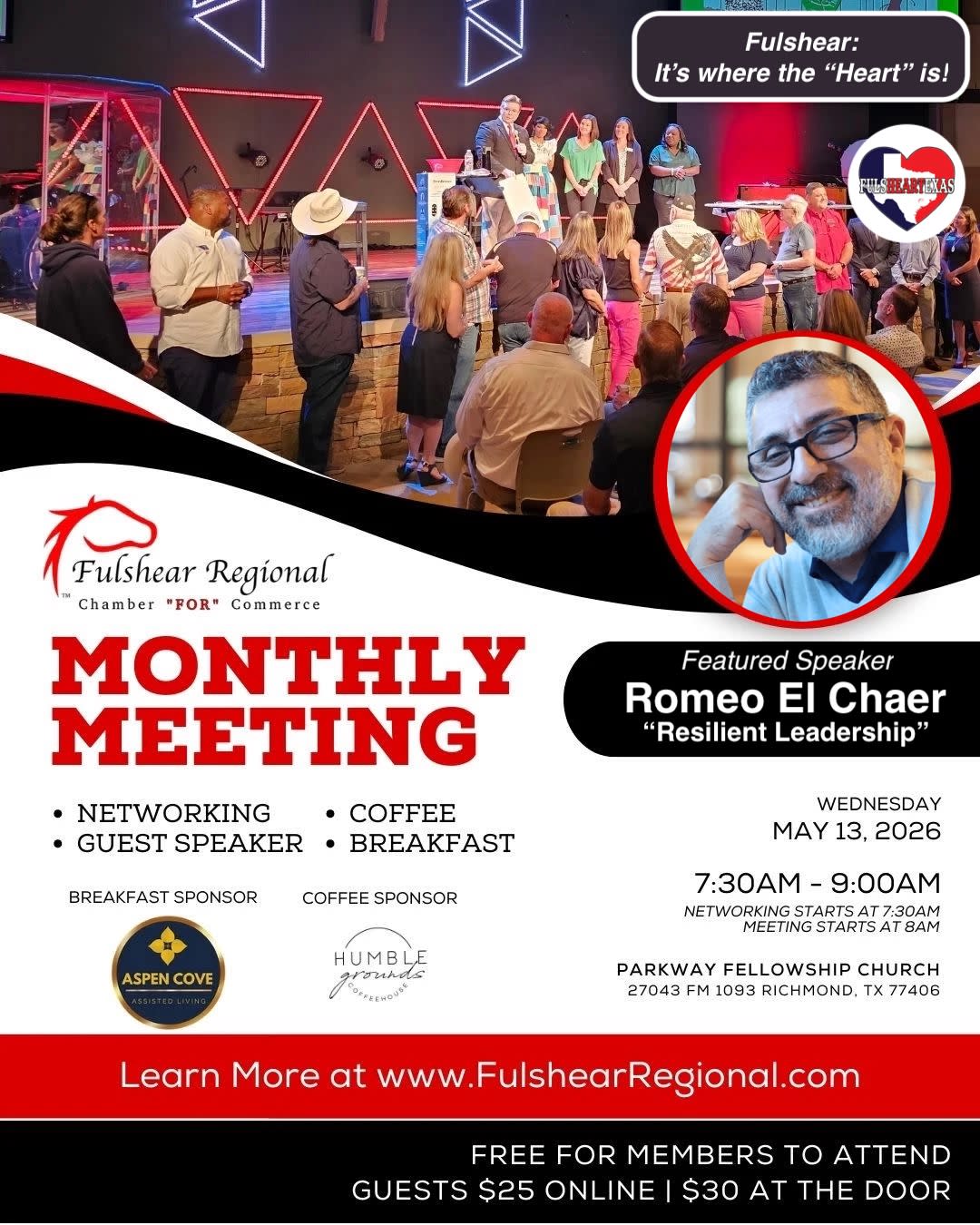 Promotional flyer for the Fulshear Regional Chamber of Commerce Monthly Meeting featuring guest speaker Romeo El Chaer