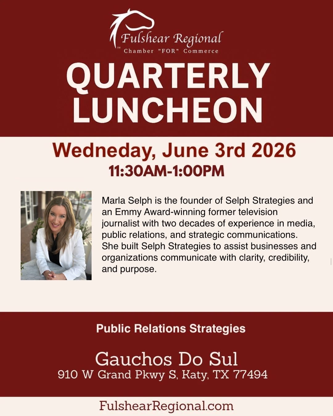 Flyer for the Fulshear Regional Chamber for Commerce Quarterly Luncheon on Wednesday, June 3, 2026, from 11:30 AM to 1:00 PM