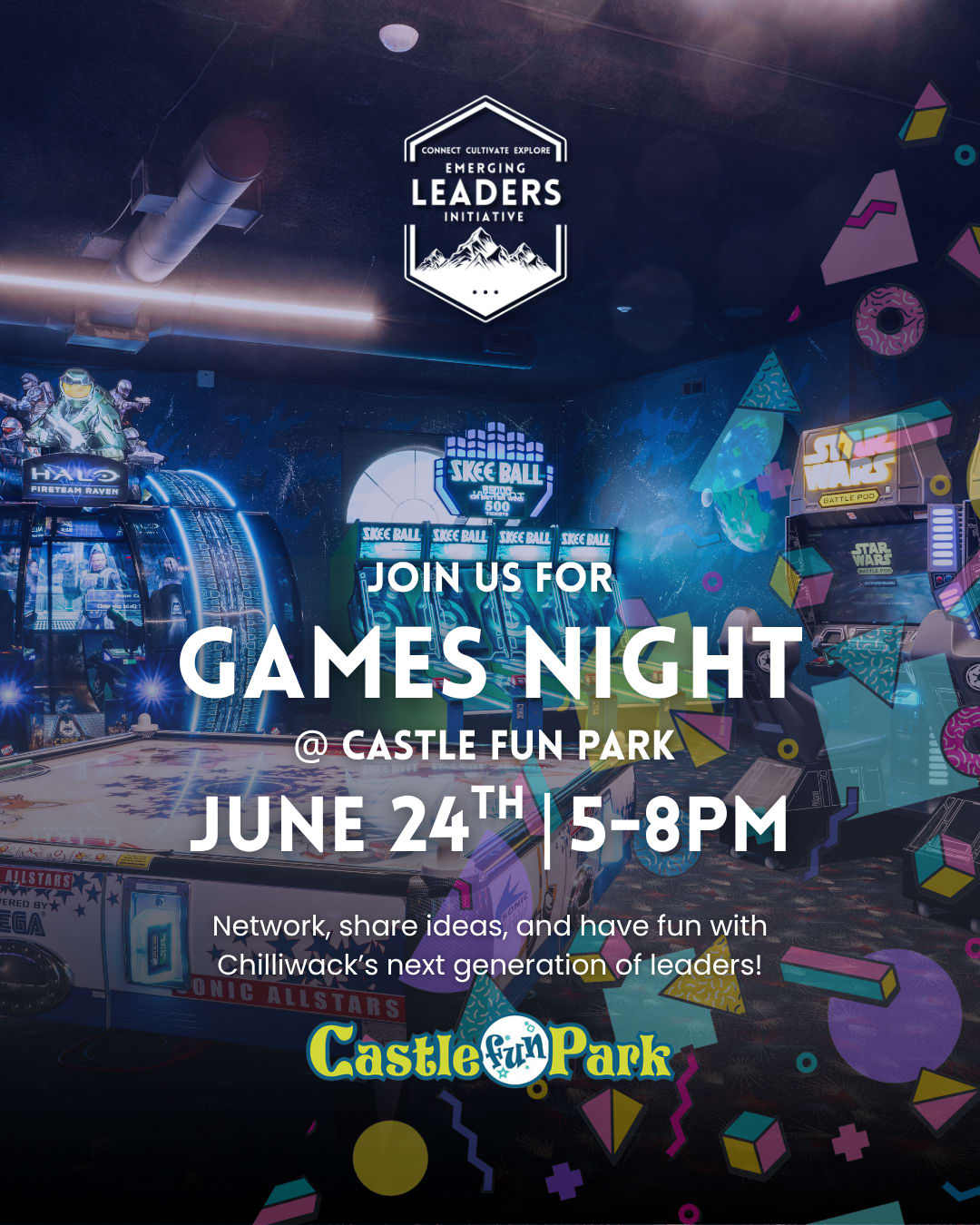 Castle Fun Park arcade with Games Night event details for Emerging Leaders on June 24.