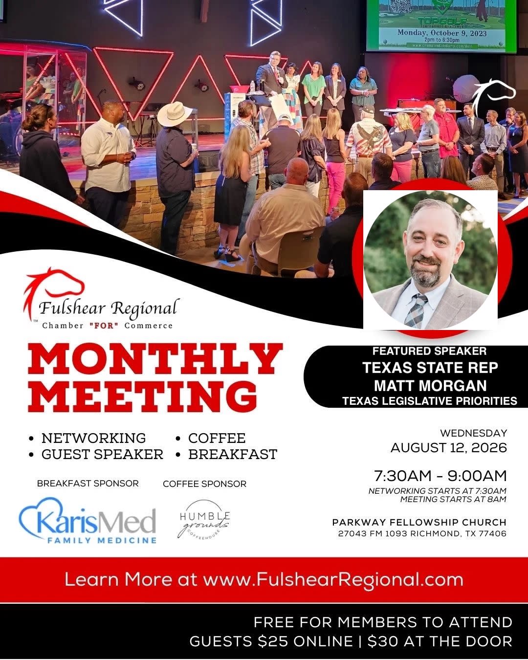 Flyer for the Fulshear Regional Chamber for Commerce Monthly Meeting featuring Texas State Representative Matt Morgan
