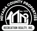 Nevada County Properties Recreation Realty, Inc. with a graphic tree, two angle roofed shaped homes, and a circle for a sun