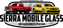 Sierra Mobile Glass logo with a red truck and a yellow sports car and windshield shaped border