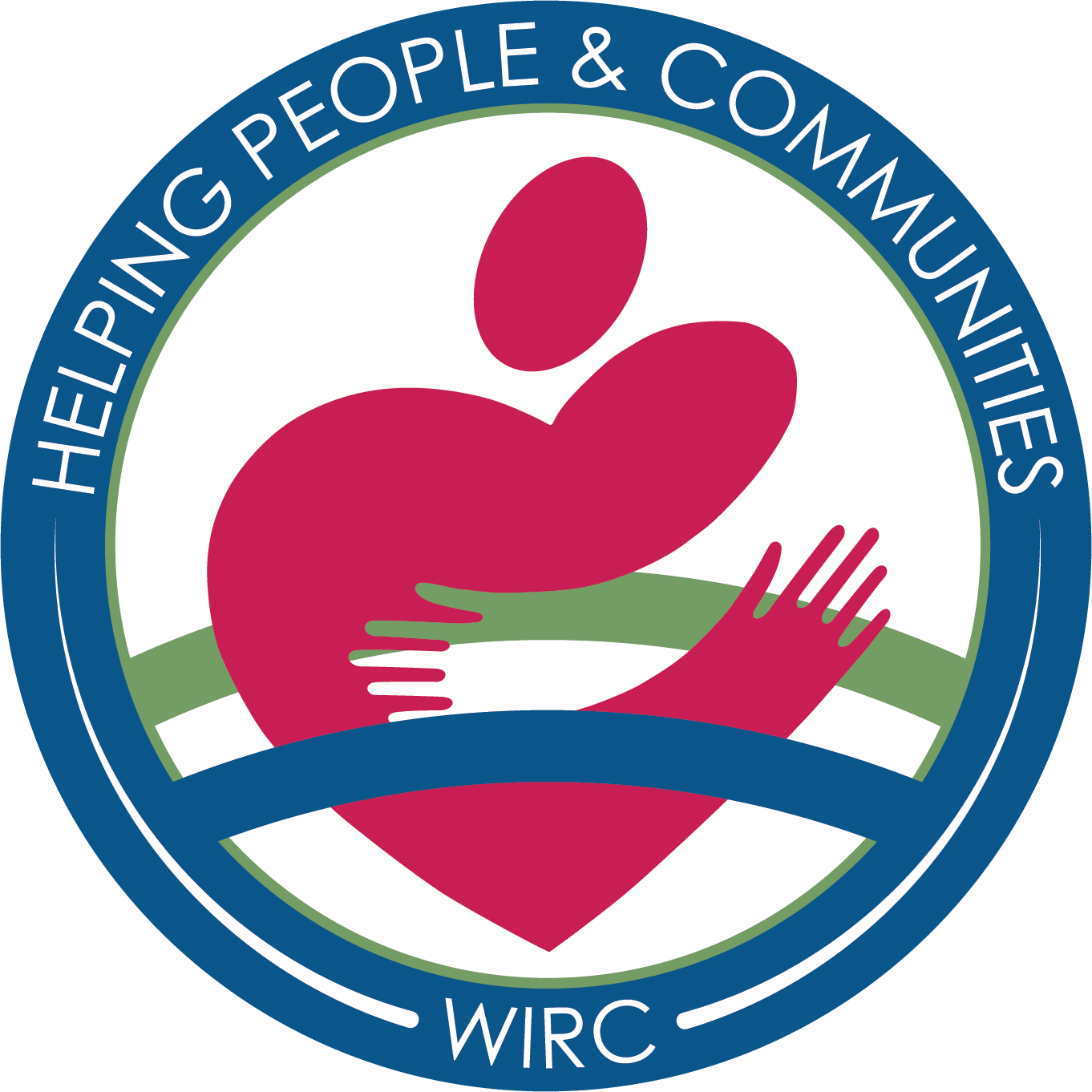 A heart inside of a circle. The text reads "Helping people and communities. WIRC."
