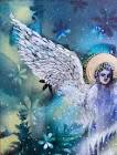 Angel painted over a layered background of cool hues, flowers, dreamy mood by artist Sheila Cameron