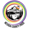 Nevada County Pride with rainbow border and mountain and river with a rainbow moon