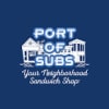 Port of Subs- Your neighborhood sandwich shop with the Nevada City building location in white with navy background