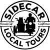 Sidecar local tours logo- B & W circle, center silhouette is a motorcyclist with helmut driving with a sidecar: Nevada City