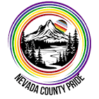 Nevada County Pride with rainbow border and mountain and river with a rainbow moon