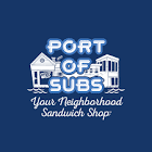 Port of Subs- Your neighborhood sandwich shop with the Nevada City building location in white with navy background