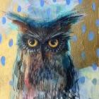 owl painted expressively with vivid background by artist Sheila Cameron