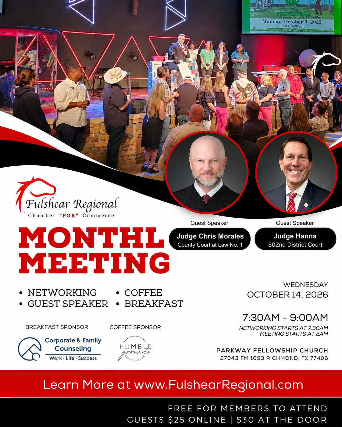 Promotional flyer for the Fulshear Regional Chamber “FOR” Commerce Monthly Meeting on Wednesday, October 14, 2026