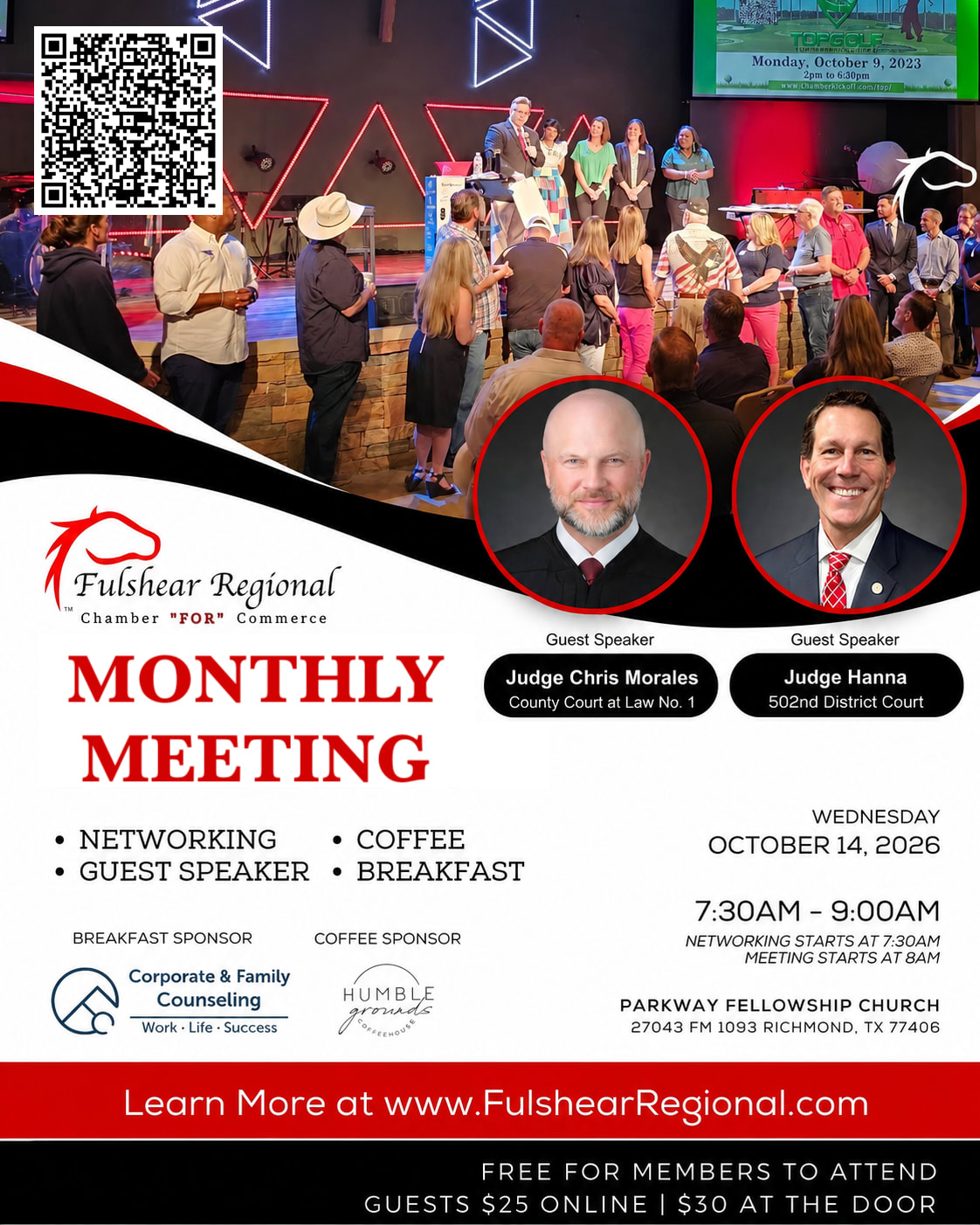Promotional flyer for the Fulshear Regional Chamber “FOR” Commerce October Monthly Meeting. The event features guest speakers