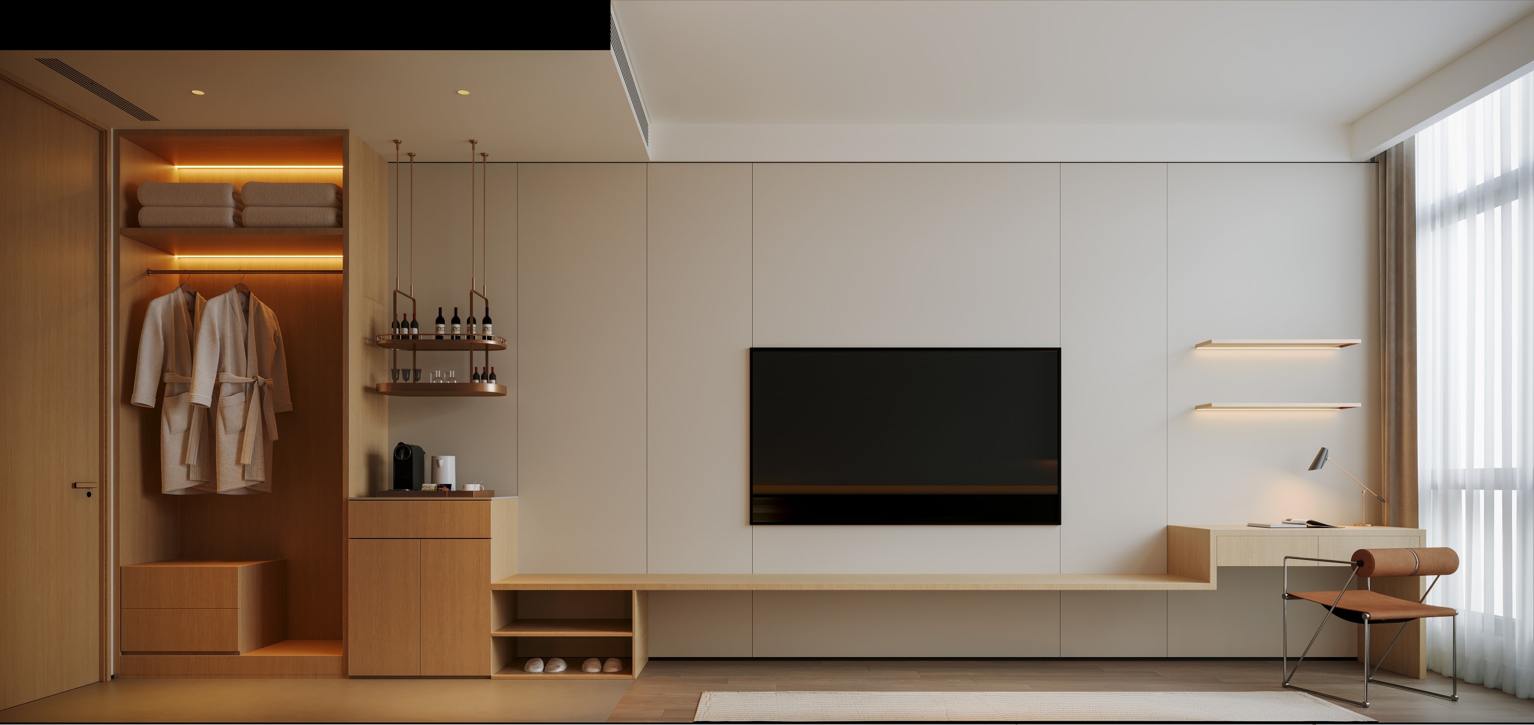 Interior concept enabled by modular wall panel and integrated interior systems