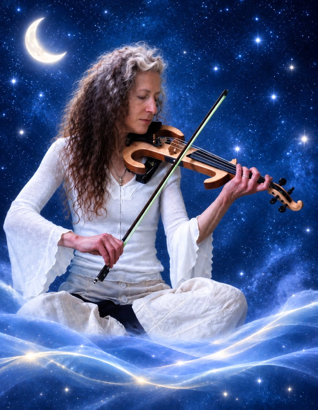 Caryn Lin playing electric violin against a celestial starry background